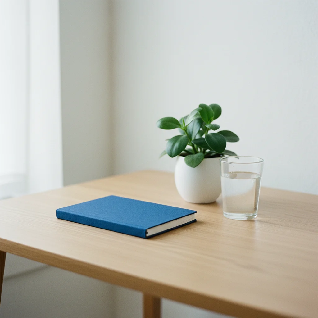 Calm workspace with a notebook, a potted plant and a glass of water on a light wooden desk
