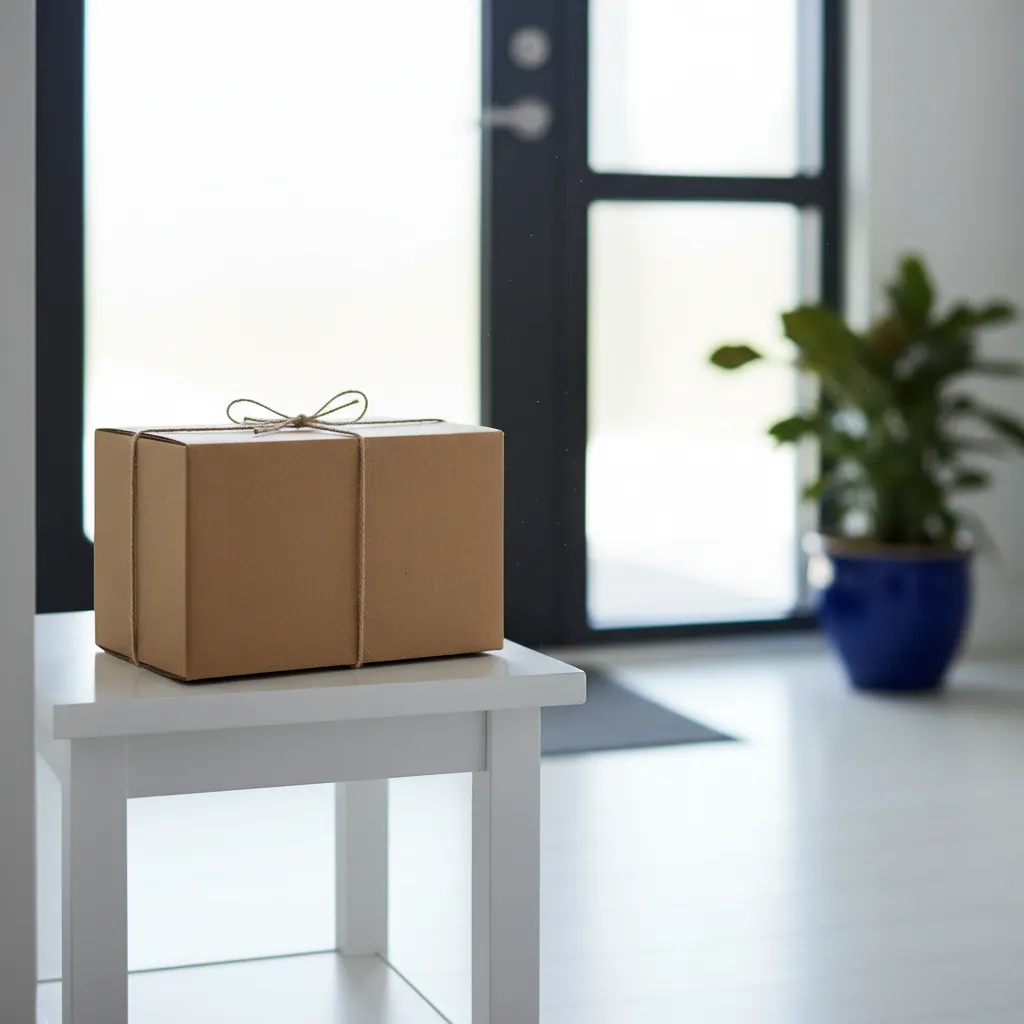 Neat kraft parcel box on a hallway table near a front door representing Nuvine Fusion Caps UK delivery