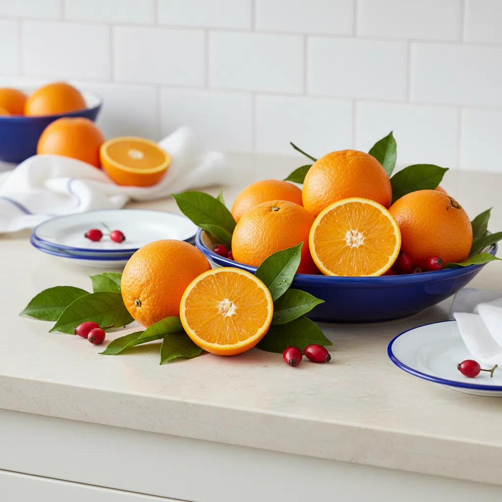 Fresh oranges, rosehip berries and green leaves arranged on a light stone kitchen surface