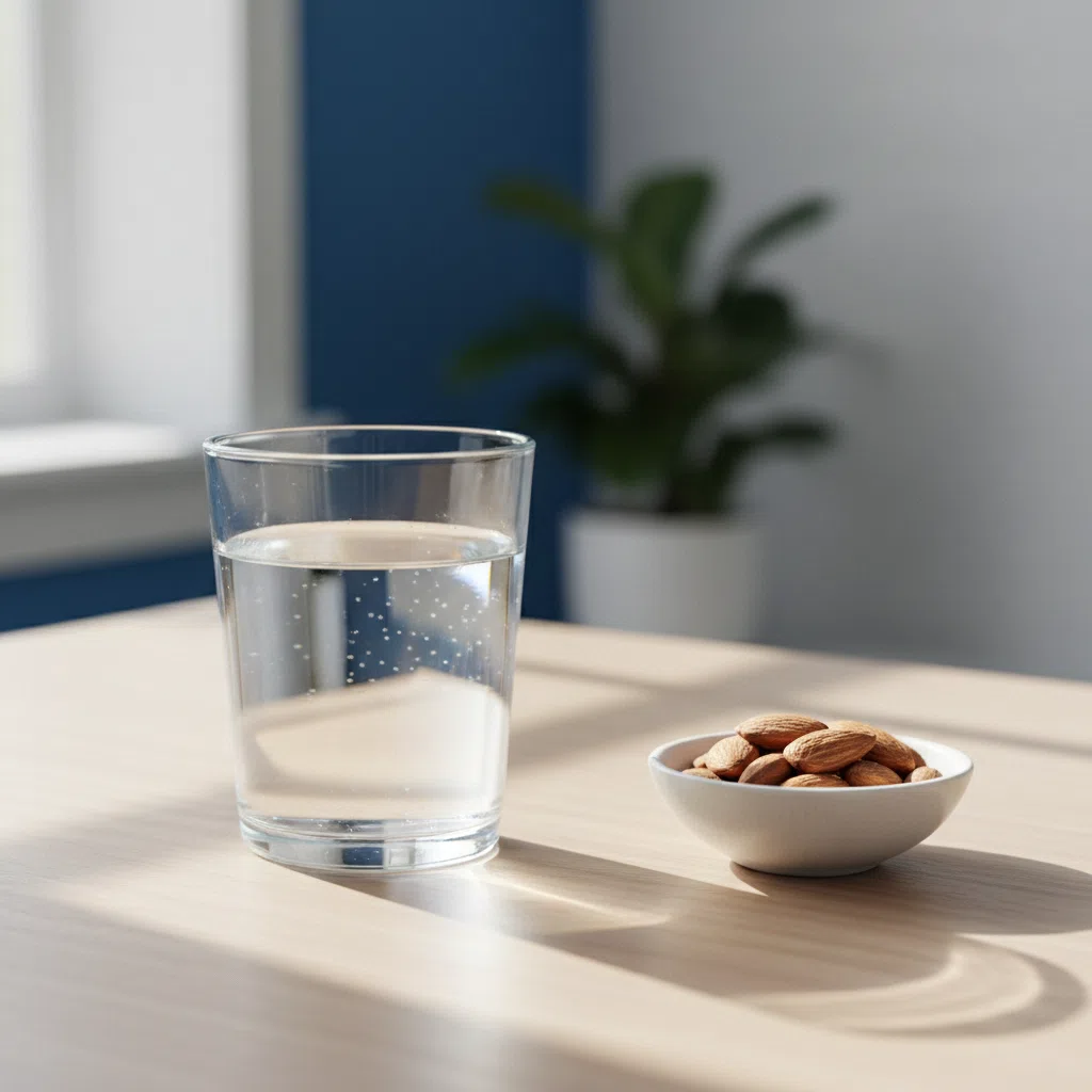 Sunlit glass of water and almonds on a wooden table, natural morning light setting