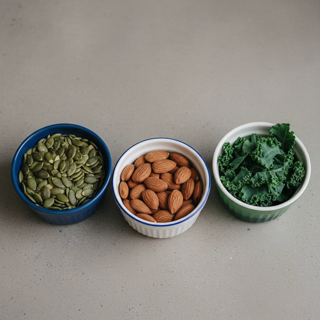 Pumpkin seeds, almonds and dark leafy greens in ceramic bowls on a neutral kitchen surface
