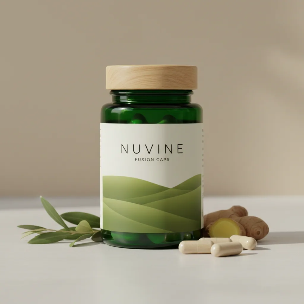 Nuvine Fusion Caps dark green glass jar with silver lid on a clean studio surface with citrus and green leaves